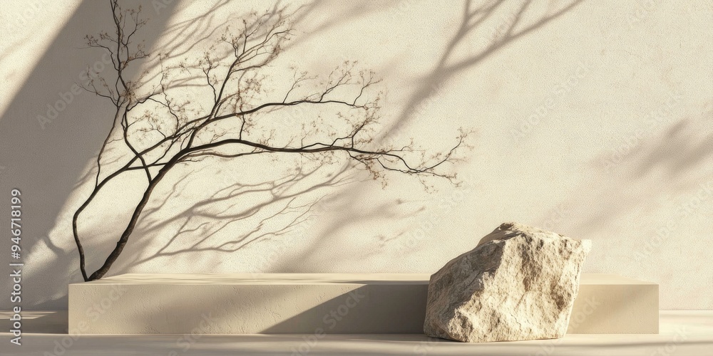Poster Abstract geometric arrangement featuring a branch and its shadow on a wall accompanied by a natural stone pedestal 3D rendering suitable for display settings