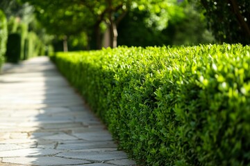 Low bright green buxus hedge lining a path