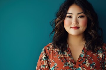 Fototapeta premium Plus size Asian woman in floral dress against blue background
