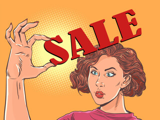 The girl shows the inscription SALE. Favorable discounts for clients. Demonstration of seasonal sales. Pop Art Retro