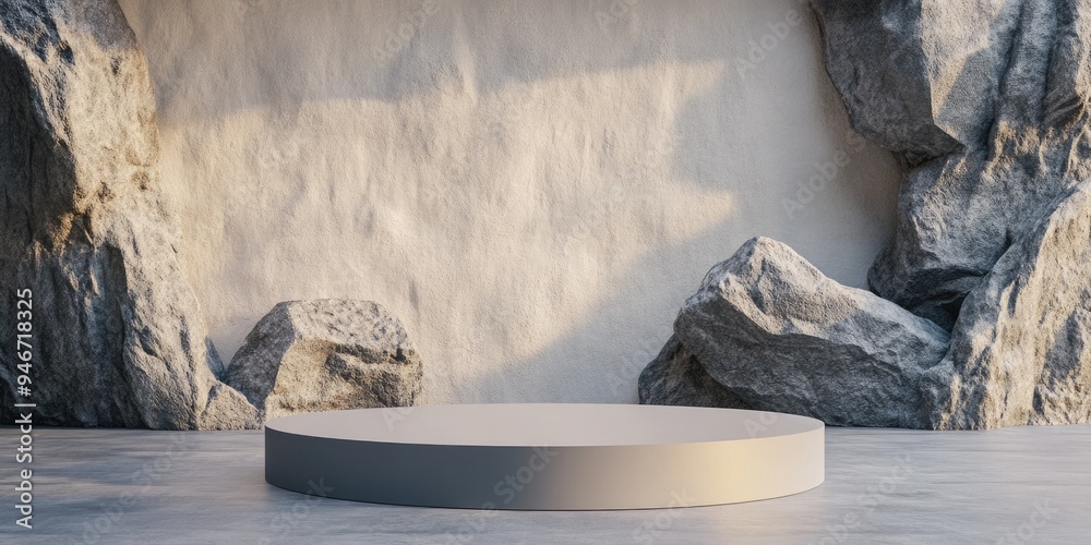 Aufkleber Rocky backdrop featuring an empty podium designed for product display This is a 3D rendered illustration