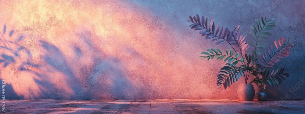 Aufkleber fern leaf shadow on a stone wall with a wooden floor creating a backdrop for showcasing health relat