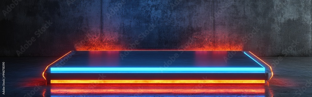 Poster futuristic sci fi rectangular stage podium with neon laser lights in vibrant orange and blue set aga