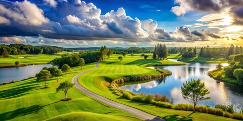 Naklejka premium Serene Sunset Golf Course with Winding Road and Reflecting Clouds, Golf , Nature , Landscape