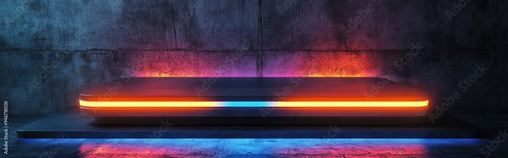 Poster futuristic sci fi rectangular stage podium with neon laser lights in vibrant orange and blue set aga