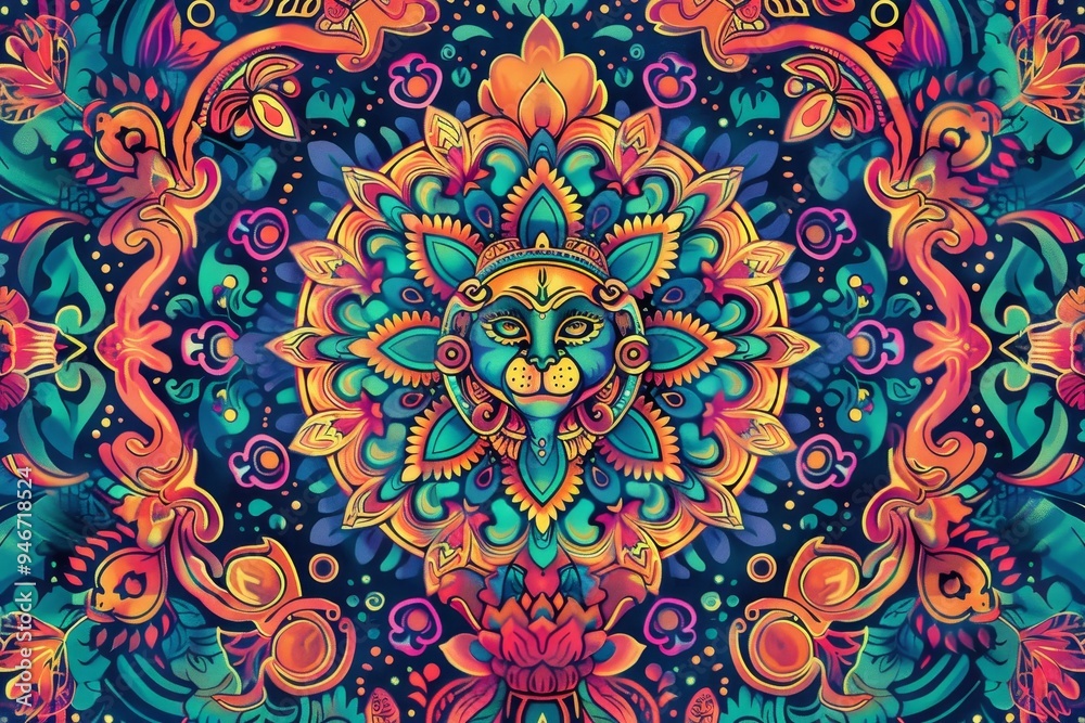 Aufkleber design a colorful mandala featuring images of hanuman's many heroic deeds