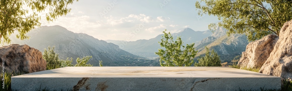 Wall mural abstract 3d rendering of a summer scene featuring a natural podium background with a stone podium se