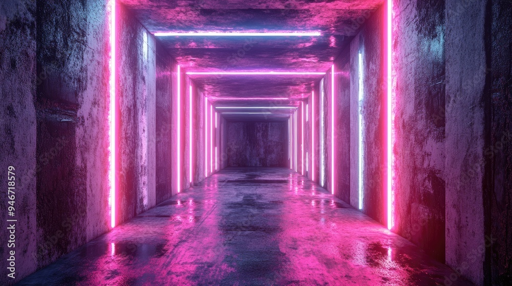 Poster vivid neon laser cyberpunk stage with illuminated tunnel corridor in a futuristic dark concrete grun