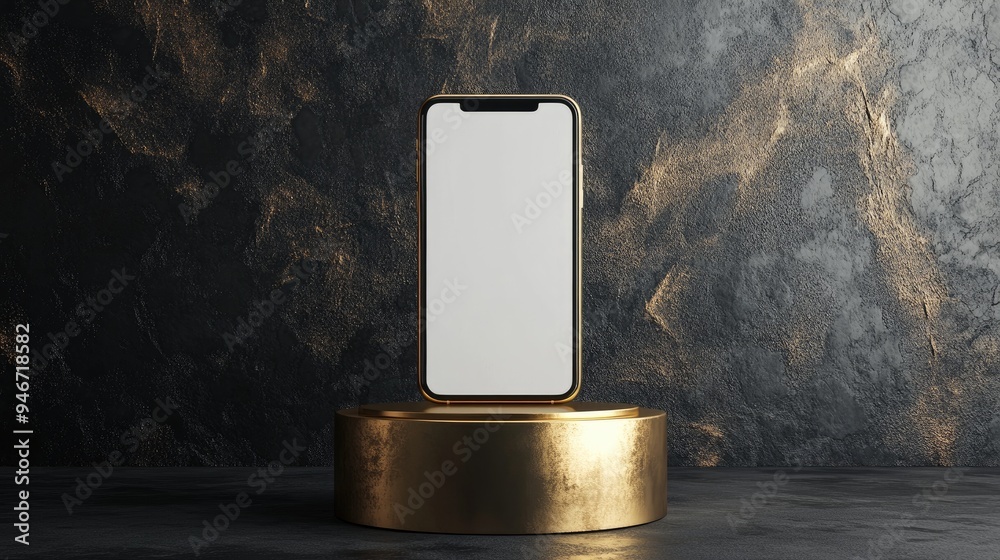 Poster minimalist white smartphone screen positioned on a golden cylinder against an abstract dark backdrop