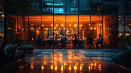 Business Meeting at Night: A captivating glimpse through the window of a modern office space, where a group of professionals are immersed in a late-night business meeting.