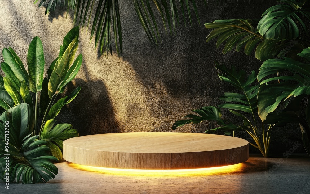 Aufkleber realistic 3d rendered background for product display close up of a round empty oak table illuminated