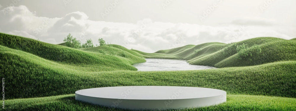 Aufkleber fantasy 3d rendering of a circular podium in a grassy field with a river featuring a surreal illustr