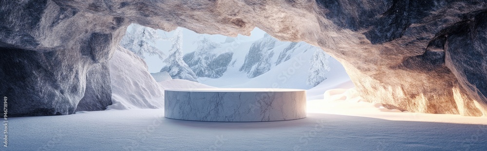 Poster abstract 3d render of a winter scene featuring a natural stone podium set in a snowy mountain cave i