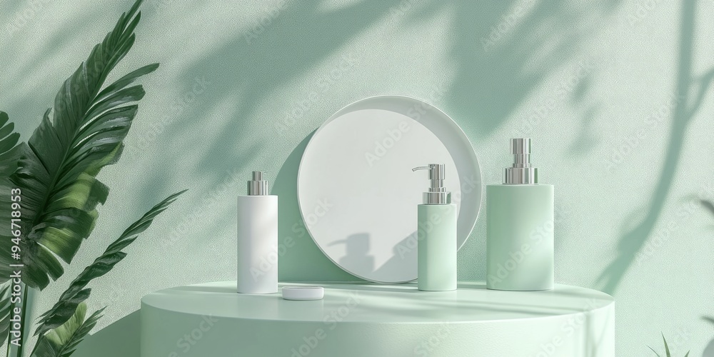 Poster green mockup for displaying product samples on a pastel light green background 3d rendering
