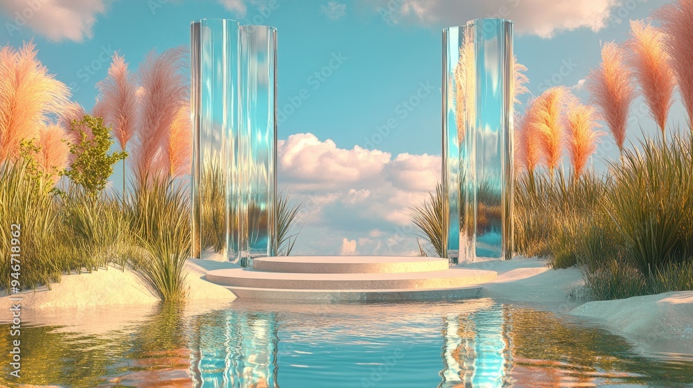 Poster surreal landscape in a fantasy world featuring water vibrant sand and grass 3d rendering of a podium