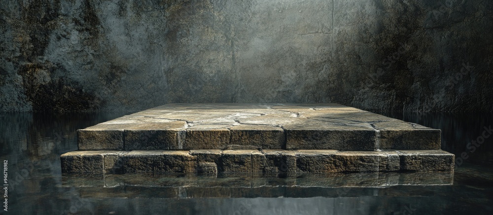 Poster rough stone platform with water reflection 3d rendering digital artwork