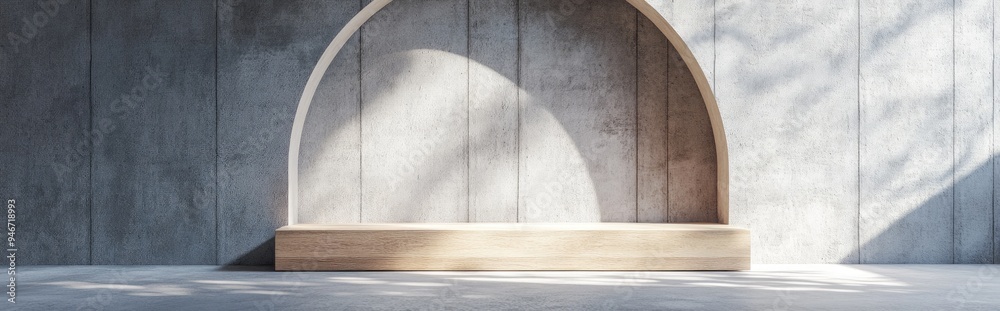 Aufkleber grey wall with concrete arch in a 3d rendered empty scene featuring a wooden texture podium amidst a