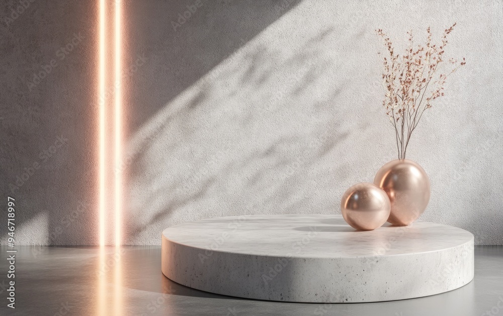 Poster minimalistic mock up podium featuring concrete and rose gold materials designed for product presenta