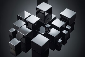 Obraz premium Modern Geometric Cubes in a Three Dimensional Arrangement on a Glossy Black Background Showcasing Luxury and Sophistication with Sharp Edges and Gradient Effects