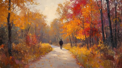 impressionistic park scene figure strolling on winding path dappled sunlight through autumn foliage vibrant brushstrokes warm color palette serene atmosphere