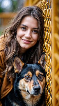 A young woman with long brown hair smiling and hugging a black and tan dog at the humane society, showcasing a heartwarming moment of compassion and animal care