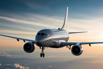 Obraz premium Advanced Engineering of Classic Gray Commercial Jet Flying at High Altitude in Air Travel Technology