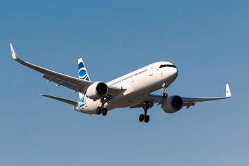 Obraz premium White Commercial Airplane Side View in Flight Against Clear Background