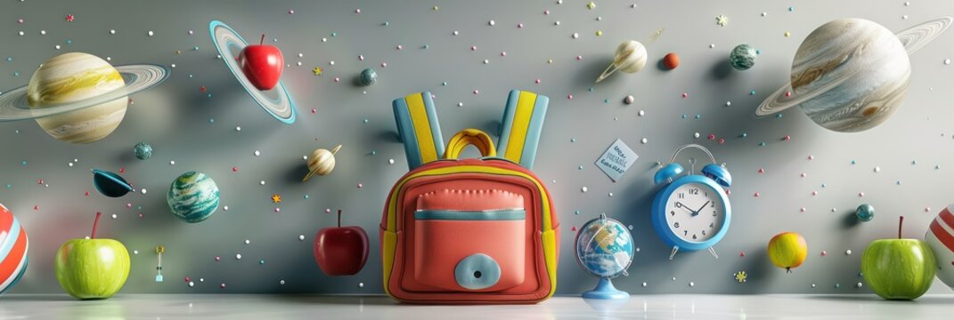 Soft gray backdrop featuring a vibrant school scene with planets, an apple, backpack, and alarm clock in a cosmic setting