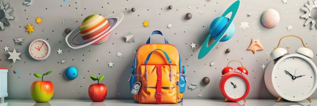 Soft gray backdrop featuring a vibrant school scene with planets, an apple, backpack, and alarm clock in a cosmic setting