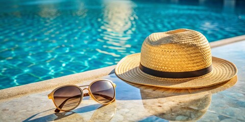 Summer Vacation Essentials Straw Hat and Sunglasses by the Pool, summer, vacation, relaxation