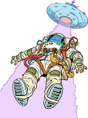 Pop Art Retro The astronaut is lifted towards himself by a flying saucer beam. Paranomal phenomena in the galaxy and aliens. Exploring the universe in search of life.