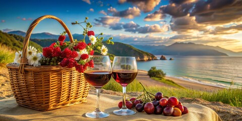 Sunset Picnic on the Coast with Wine and Berries, Wine, Sunset, Beach