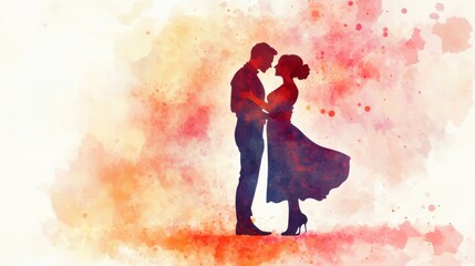 International Dance Day. Watercolor Illustration. Tango dancing couple on a colorful background. Horizontal banner. Free space for text. World Tango Day. For flyer, invitation, poster, greeting card.