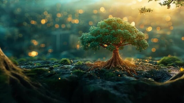Glowing tree symbolizes financial growth and compound interest, evoking prosperity and abundance