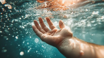 An outstretched hand underwater surrounded by floating bubbles and illuminated by sunlight, creating a surreal and dreamy underwater scene with sparkling light effects.