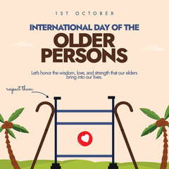 International day of the Older Persons. 1st October Older persons day celebration banner with canes and walker. The day recognise the contributions of elders, their problems, so that we respect them.
