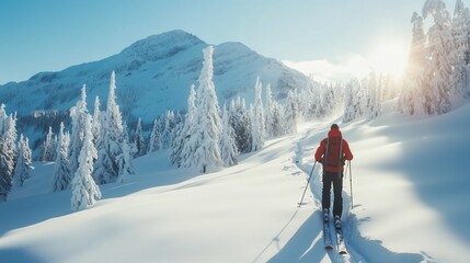 A skier enjoys a tranquil winter landscape surrounded by snow-covered trees during a bright sunny day in the mountains