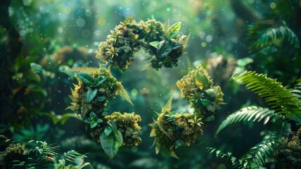 Recycling symbol made of lush green foliage.