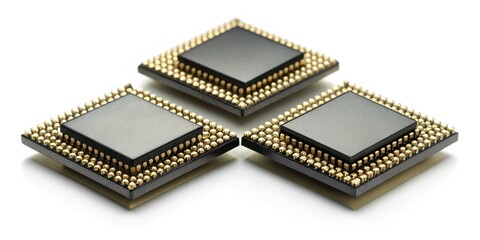 Obraz premium Three Golden Microchips, close-up, golden pins, black silicon, technological innovation, computer hardware, CPU