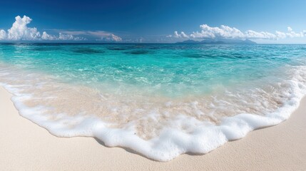 A beautiful sandy beach with gentle, foamy waves washing ashore and clear blue water extending towards the horizon under a bright sky with scattered clouds.