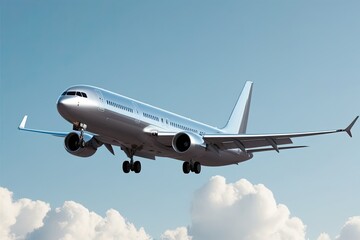 Obraz premium Stunning 3D Silver Airplane in Flight Against a Bright White Background Travel Concept