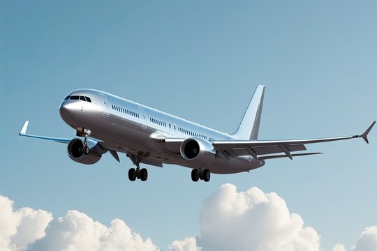 Stunning 3D Silver Airplane in Flight Against a Bright White Background Travel Concept
