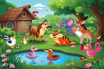 Playful Cartoon Animals in a Charming Pond Landscape