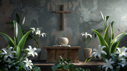 Sacred Altar with Cross and White Lilies