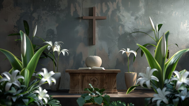 Sacred Altar with Cross and White Lilies