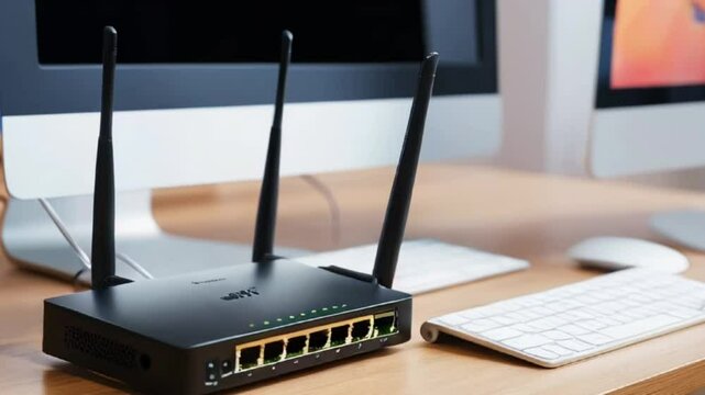 Wi-Fi internet network connection modem router on the table near the computer monitor. black router or modem device created with generative ai	