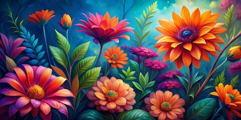 Vibrant Floral Symphony A Digital Painting of Orange, Pink, and Yellow Blooms against a Blue Background, Digital art, floral art, nature art