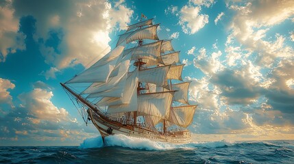 A majestic sailing ship gliding across a calm ocean at sunset, with sails fully furled and catching the golden light