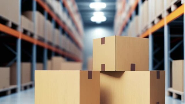 Cardboard boxes on blur storage warehouse shelves background. 3d illustration , ready for the delivery of packages in the warehouse created with generative ai	