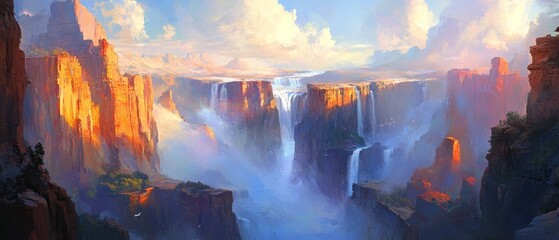 Majestic Canyon with Cascading Waterfalls at Sunset